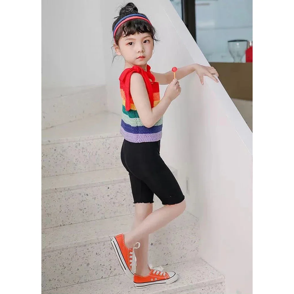 Summer Girls Pants Leggings Modal Cotton Bottoms Knee Medium-length Pants Solid Color Ruffles Legging for Kids Clothes 3-10 Year