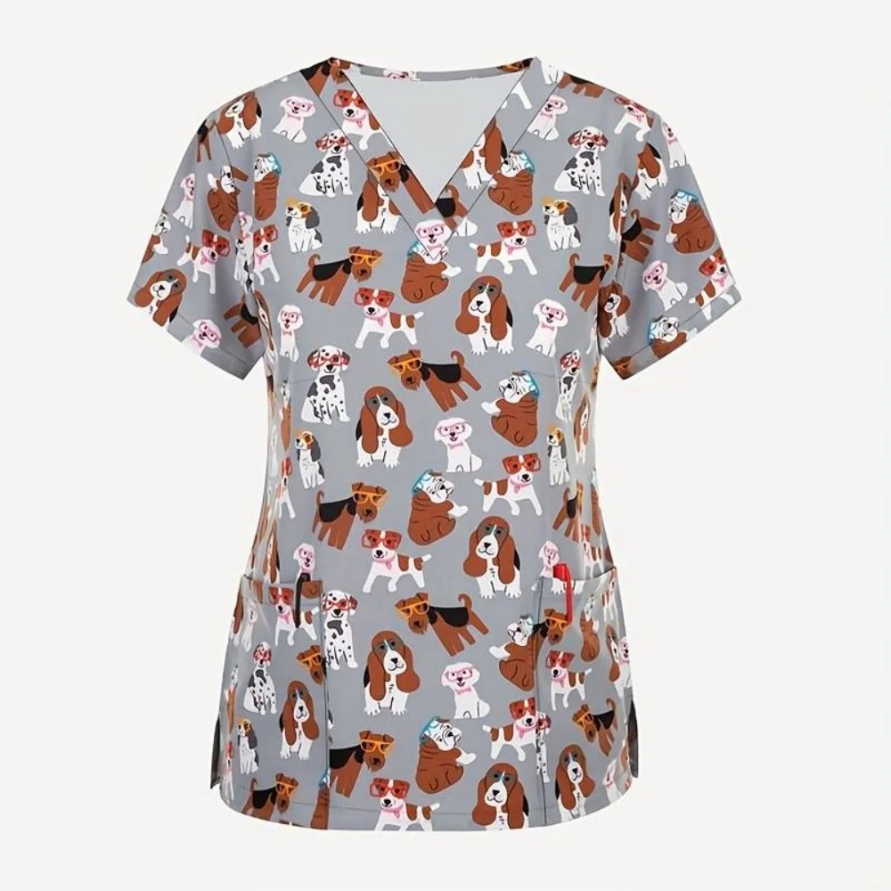 Uniformi chirurgiche Donna Adorabile animale Cartoon Stampa Veterinario Infermiera Top Moda Scollo a V Manica corta T-shirt Uniforme medica per le donne