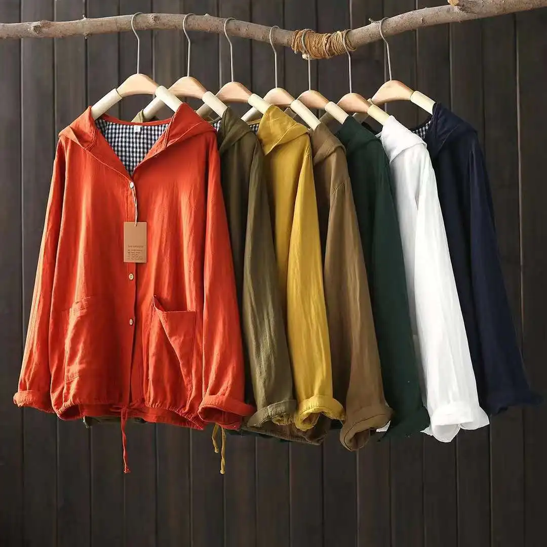 2026 Women 100% Cotton Yarn Hooded Jacket Long Sleeve Hoodie Coat with Drawstring Hem Casual Solid Outerwear