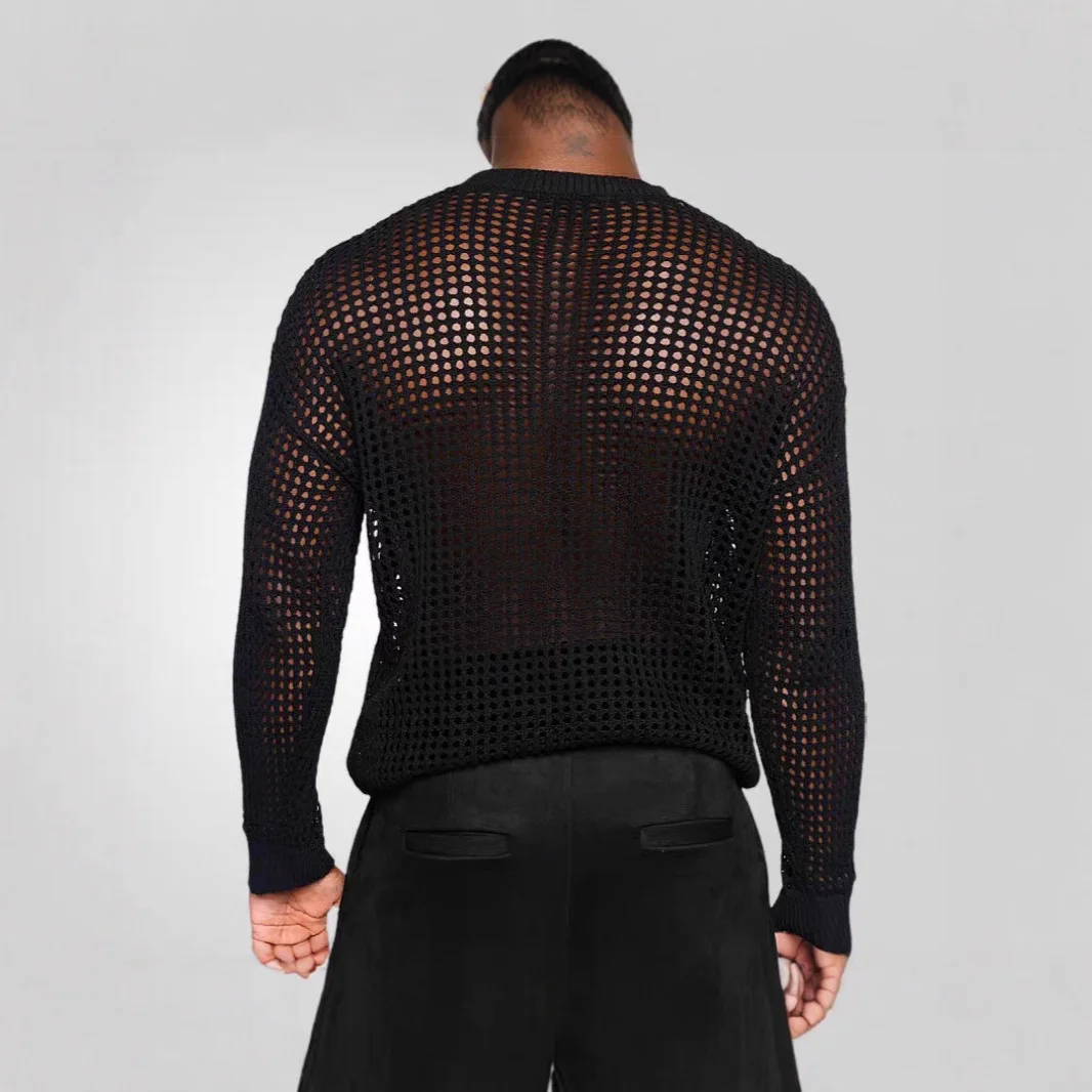 American Mesh Hollow Out See-Through Long Sleeve Mesh Knit Cardigan Men's Casual Sun Protection Top