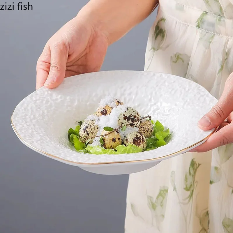 

Керамическая тарелка с золотым краем, суповая тарелка, тарелка для макарон, тарелка FSalad, глубокие тарелки с каменным рисунком, молекулярная кухня, кухонная посуда