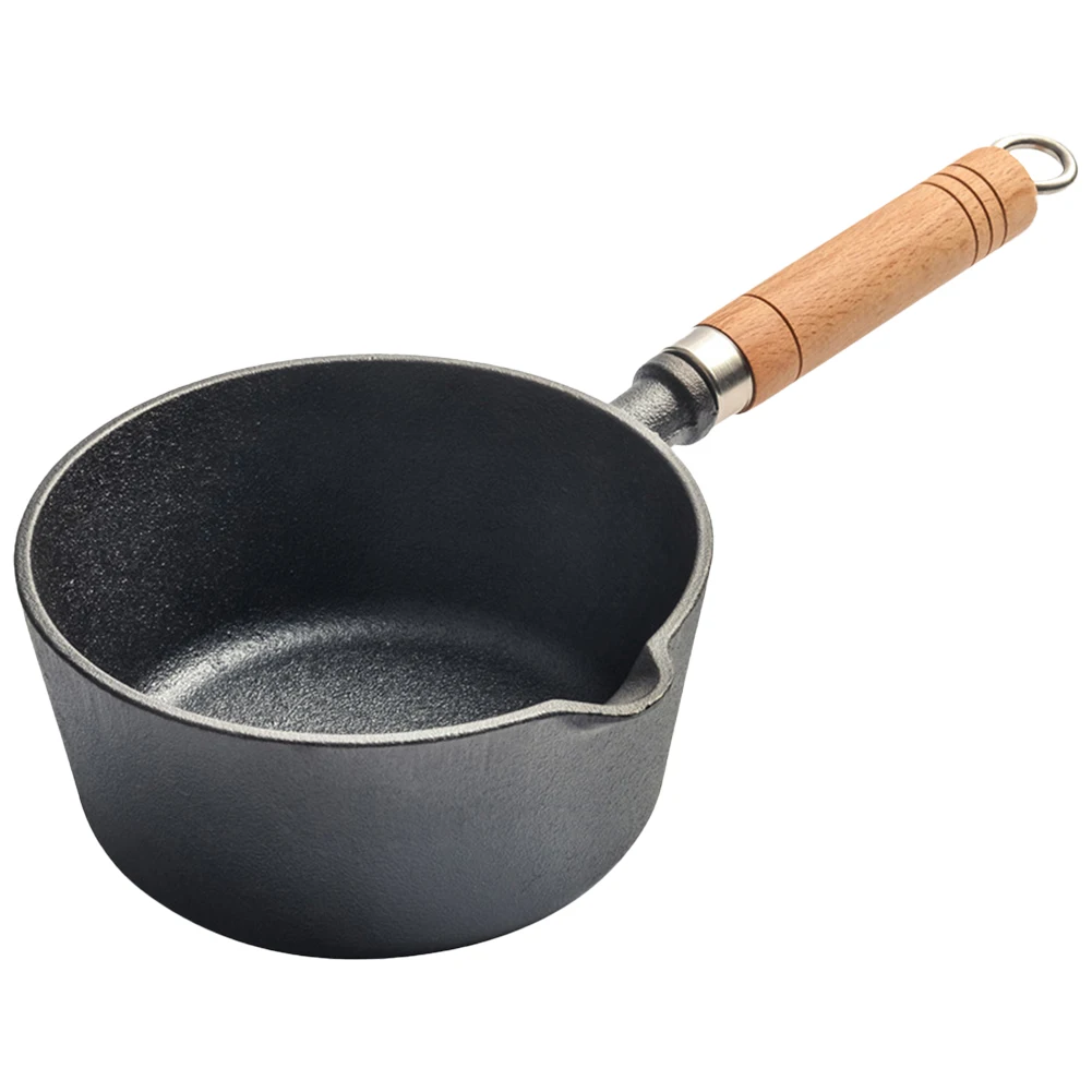 Cast Iron Milk Pan Wooden Handle Non-Stick Butter Melting Pot with Pour Spout Small Saucepan for Pouring Oil Milk Heating Frying