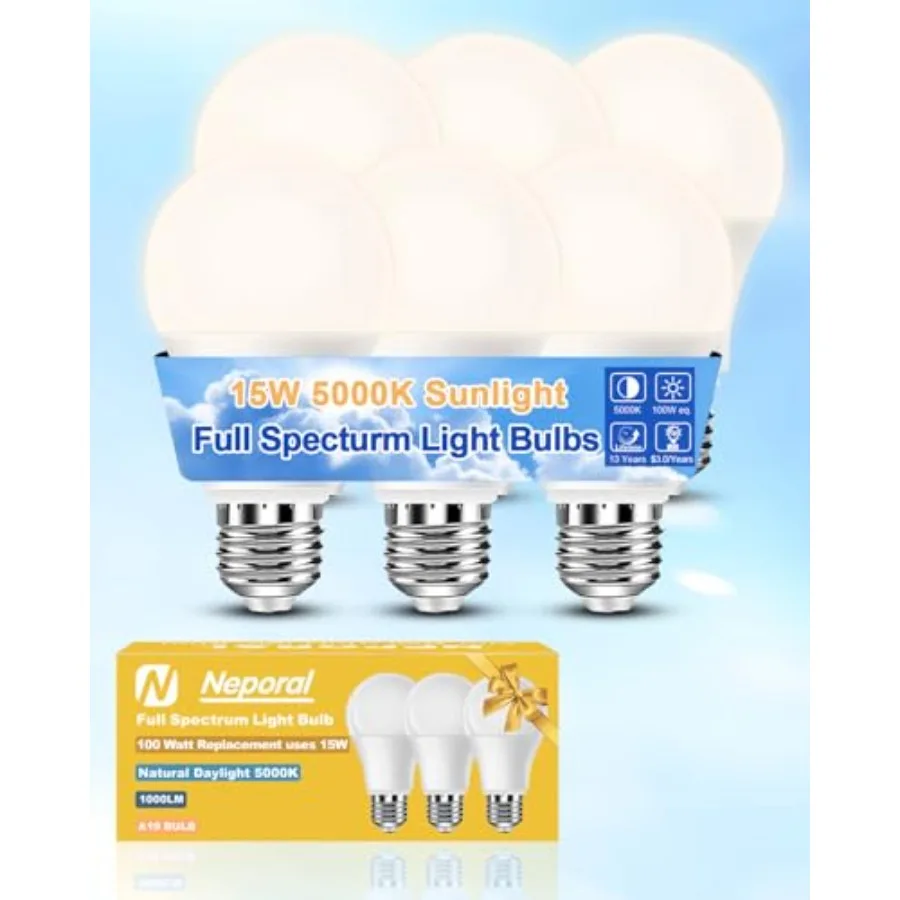

15W Full Spectrum Light Bulb 5000K UV-Free Daylight Sunlight Light Bulbs 100W Equivalent LED CRI 90 Flicker-Free 30 000 Hrs Lif