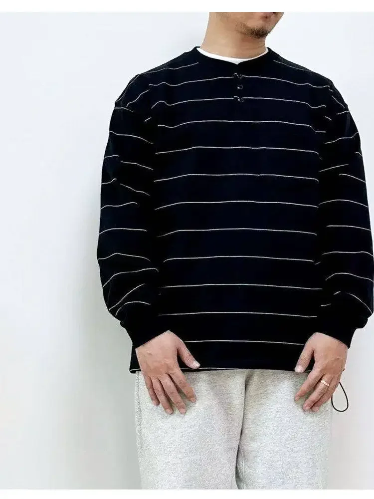 REMI RELIEF Daytide Vintage Heavy Cotton Pinstripe Long Sleeve Crew Neck T-Shirt