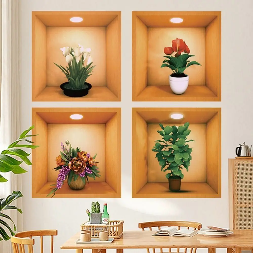 4 pezzi adesivi murali in vaso di piante in PVC pianta verde creativa simula sfondi 3D piante autoadesive impermeabili decalcomanie di fiori