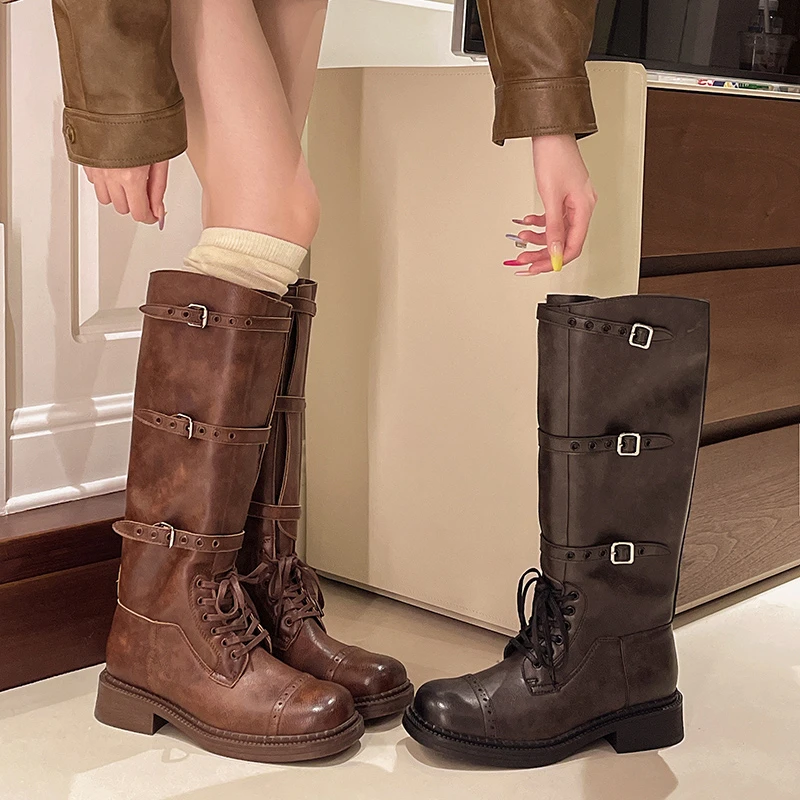 Brand New Winter Buckles Fashion Street Riding Boots Cool Chunky Heels Knee High Motorcycles Boot Shoes for Women