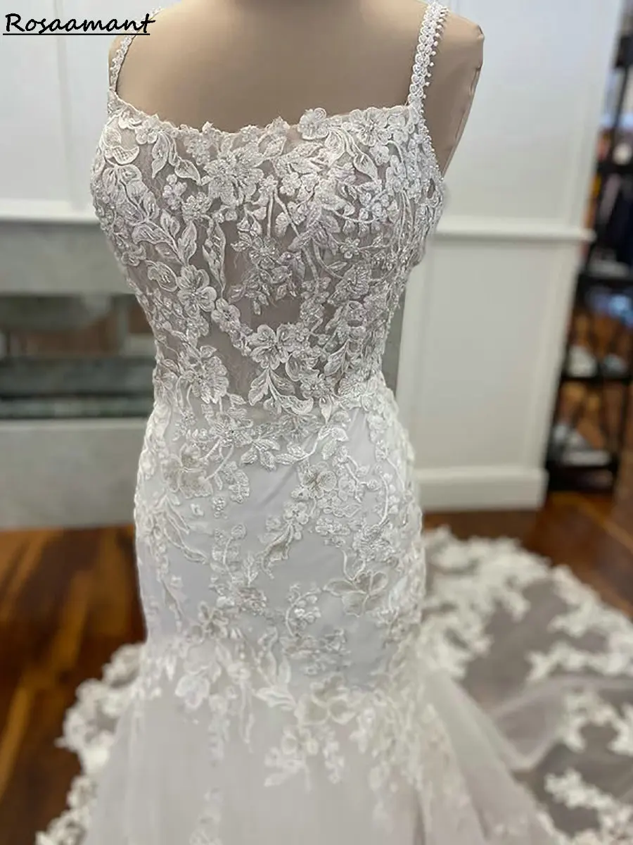 ロマンチックなイリュージョンスパゲッティストラップマーメイドウェディングドレス背中の開いたアップリケレースカントリーブライダルドレス