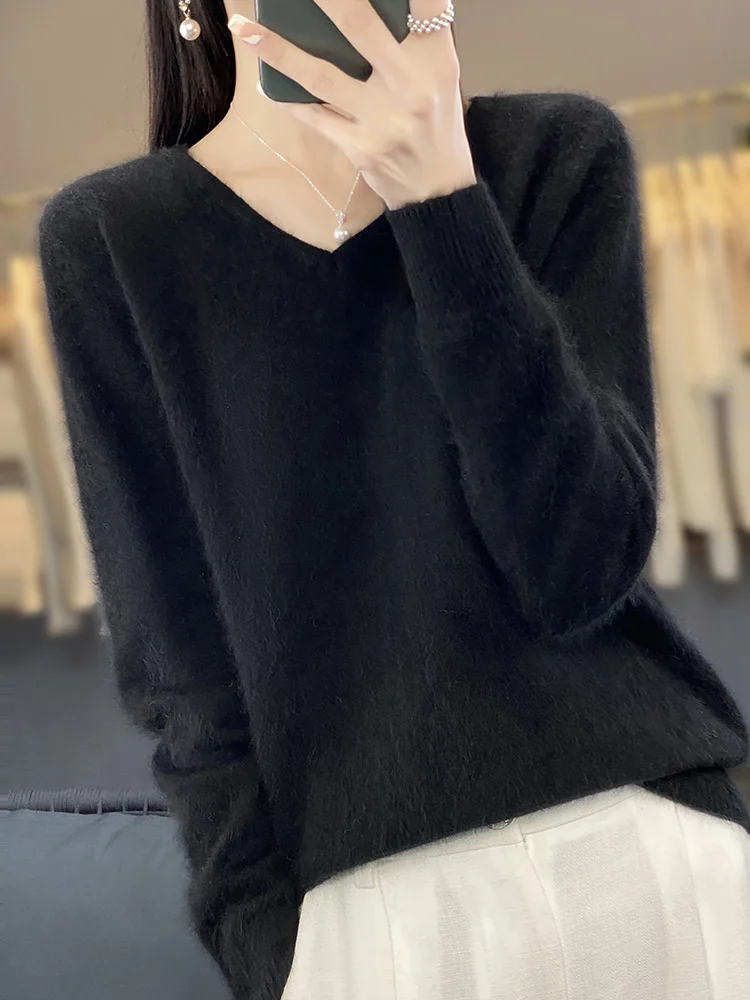 Women's 100% Mink Cashmere Sweater V-Neck Pullover Autumn Winter Long Sleeve Cashmere Knitwear Korean Popular Female Clothes