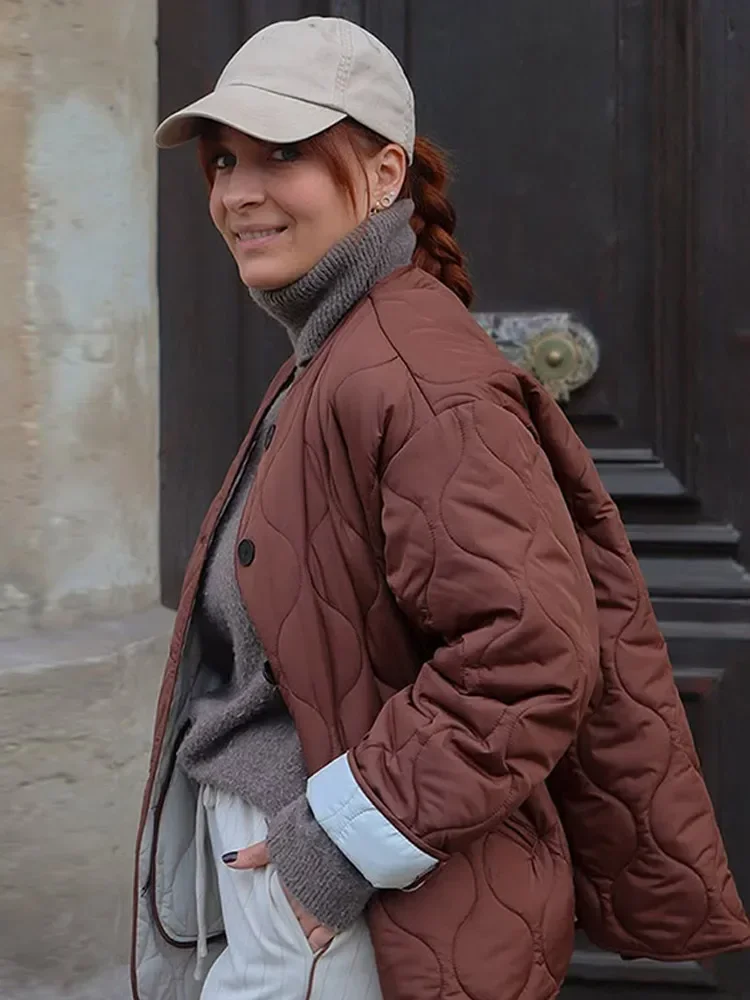 カジュアル無地チェック柄コットンショート厚手コート レディース 長袖 ラウンドネック シングルブレストジャケット 2025冬 デイリーストリートウェア