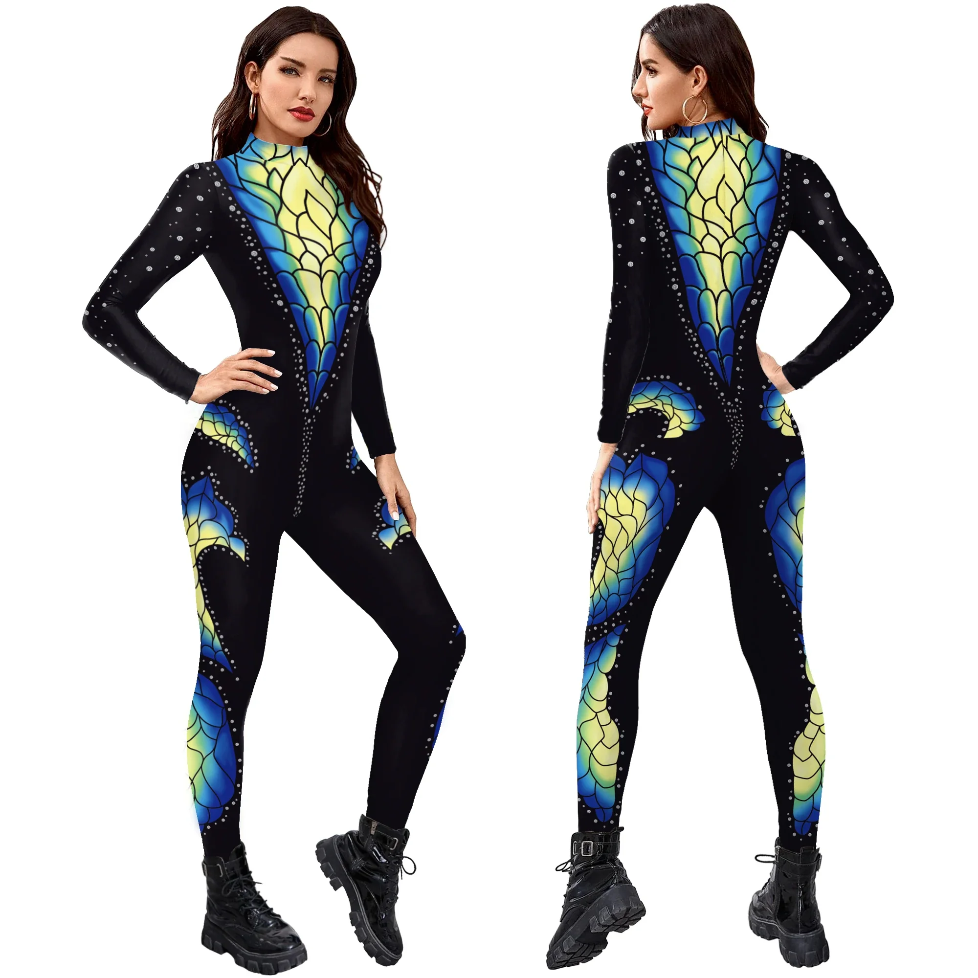 Peacock Feather Printing Sexy Slim Bodysuit Skinny Carnival Cosplay Costumes Fancy Outfit Catsuit Overalls