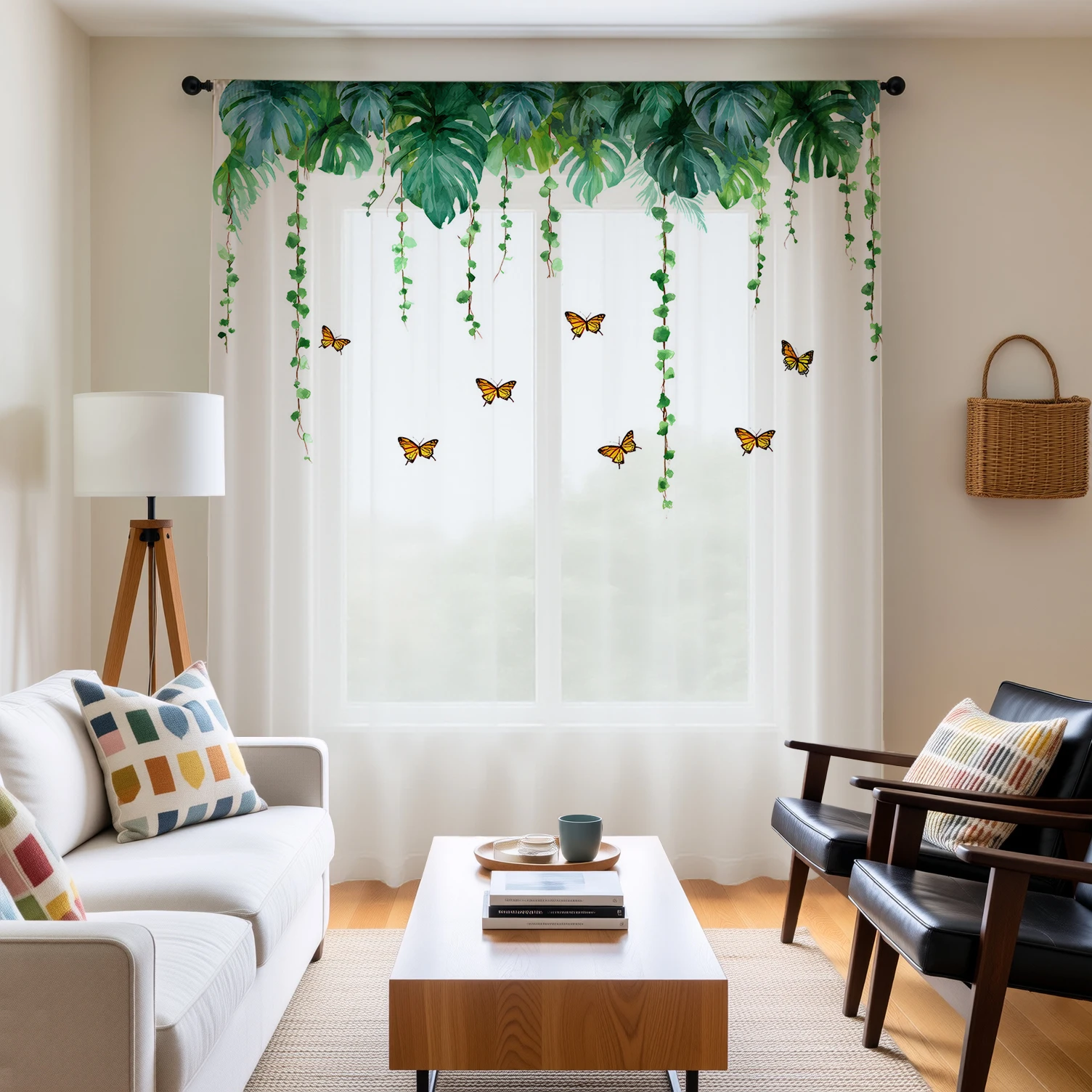 

1 шт. прозрачная занавеска с монстерой и бабочкой-тропический узор, оконная занавеска для домашнего декора природы