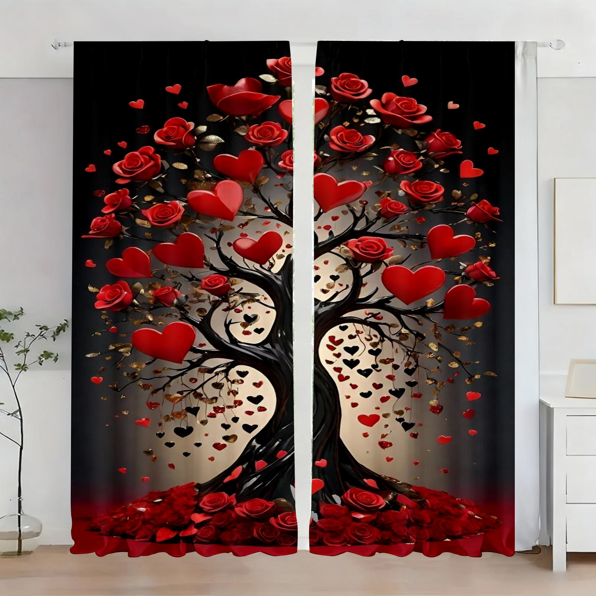 2 PCS Romantic Rose Heart Tree Printed Curtains, Flat Print, Valentine's Day Window Decor, Living Room Bedroom Decor