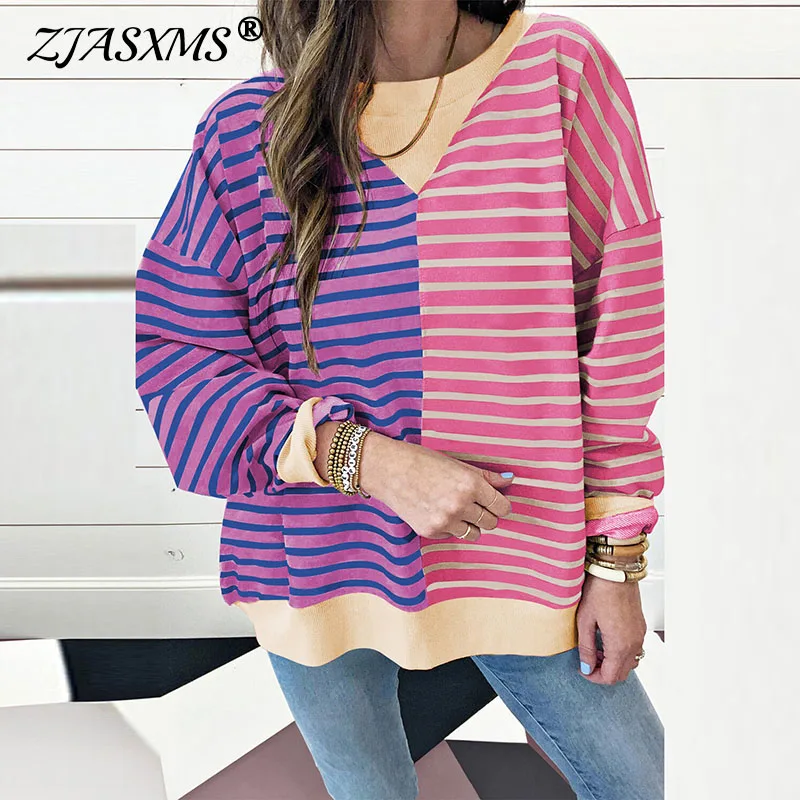 

Casual Patchwork Contrast Striped Print Sweatshirts Women Fall O Neck Cotton Top Pullover Winter Full Sleeve Loose Hoodie Jumper