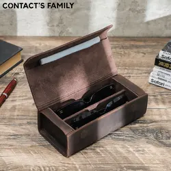 CONTACT'S FAMILY Genuine Leather 2 Slots Sunglass Storage Case Handmade Retro Travel Portablel Glass Holder with Magnetic Buckle