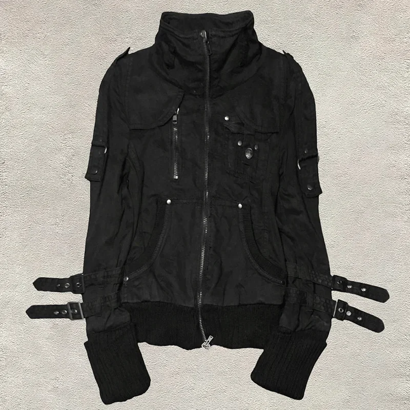 2025 Subcultural Black Coat Women American Vintage Gothic Casual Jackets Early Autumn New Slim Fit Zipper Tops Mujer Sweatshirt