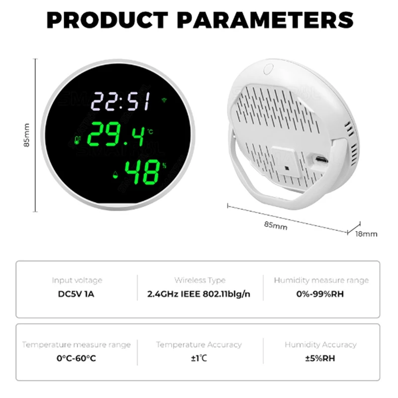 Temperatura Interior Digital e Sensor de Umidade, Display LED retroiluminado, App Notificação Alerta, 1 Conjunto