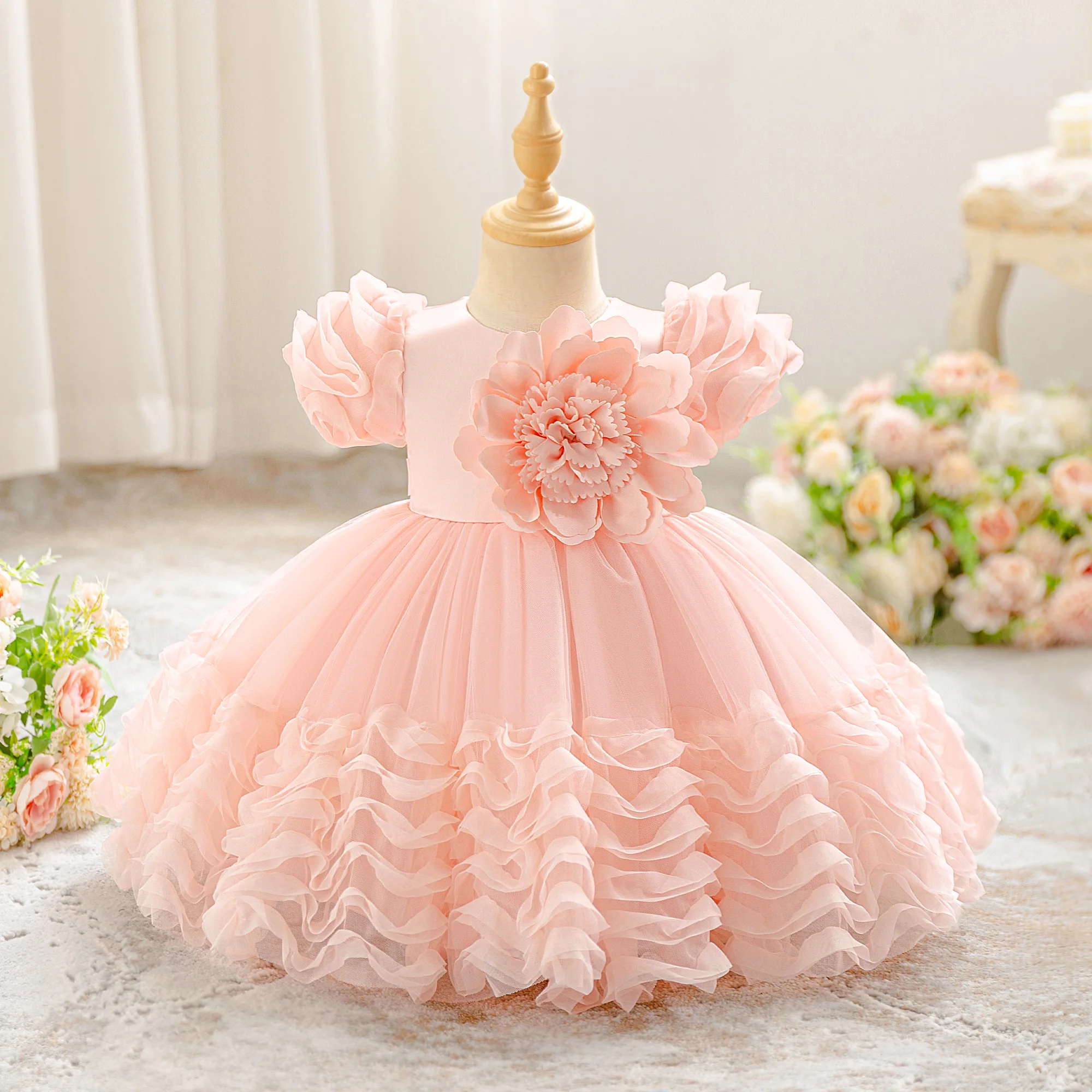 

Toddler Flower Party Baby Girls Dress Puff Sleeve 1st Birthday Wedding Princess Dresses Infant Bridesmaids Evening Prom Costumes