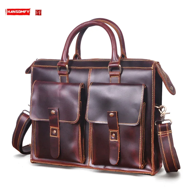 

Retro Crazy Horse Leather Men's Handbags 14-Inch Laptop Bag Business Briefcase Official Document Shoulder Messenger Bags 2024