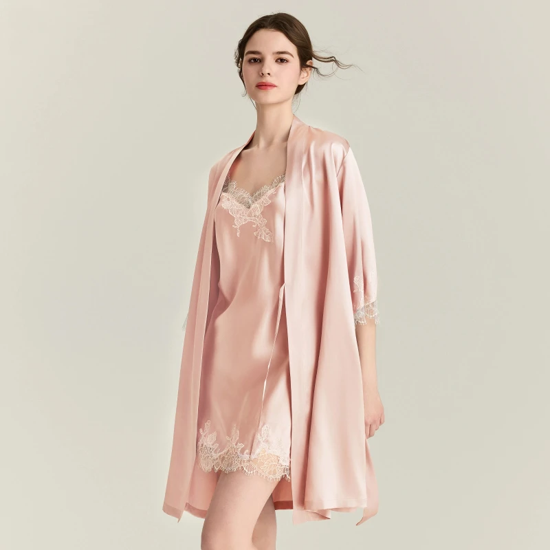 

22MM 100% Mulberry Silk Robe Gown Sets Lace Trim Sexy Kimono Robes Nightdress Suit V Neck Bathrobe with Nightgown Homewar PJS