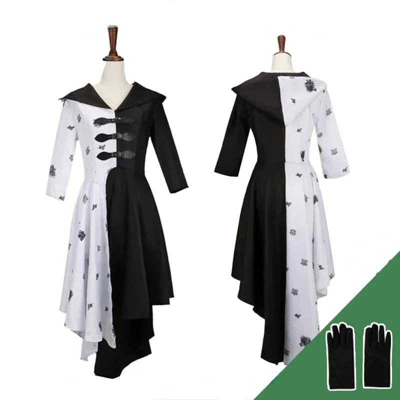 Costume de Cosplay Cruella De Vil du Film Evil Madame pour Femme, Robe de Demoiselle d'Honneur Noire et Blanche, Perruque de Barrage de ixd'Halloween