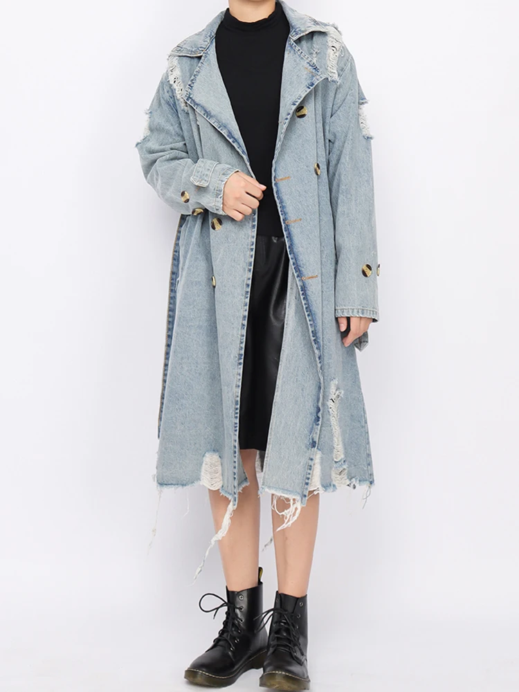 TWOTWINSTYLE Hole Hollow Out Denim Trench Coat For Women Lapel Long Sleeve Double Breasted Solid Coats Female Clothing 2022 New