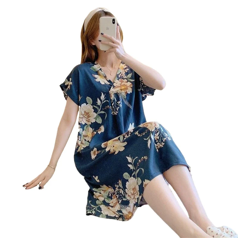 

2006 Korean Version Large Size Loose Loungewear Women's Summer Short-sleeved Cartoon Printed Pajamas Cotton and Silk Nightgown
