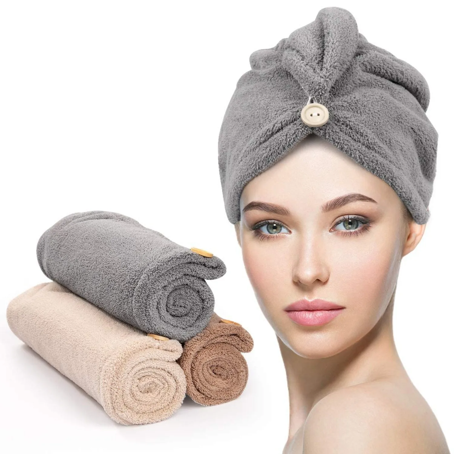 3 Pack dry hair towel, hair towel with buckle, super absorbent microfiber curling towel