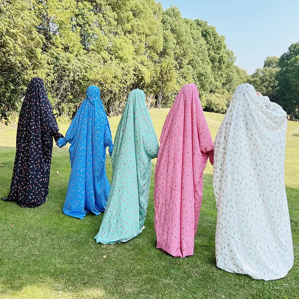 Oração Abayas para Mulheres, Vestido Hijab Impresso, Abaya Muçulmana com Véu Integrado, Niqab Islâmico, Roupa One Piece Ramadan, Dubai Burqa