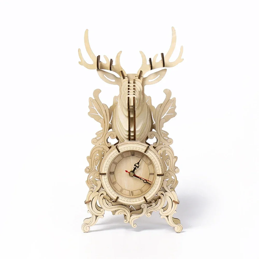 

3D Reindeer Wooden Desk Clocks Puzzles Building Blocks Kits DIY Assemble Eletronic Watch Construction Model for Teens Adult Gift