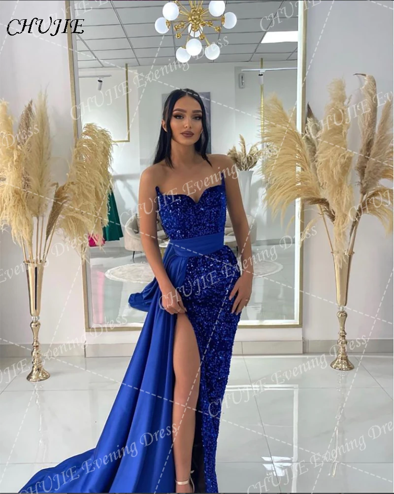 Mermaid Sequins Evening Dresses Ball Gown Sweetheart Sexy Split Satin Prom Gowns Formal Party Robe Vestidos De Gala فساتين سهرة