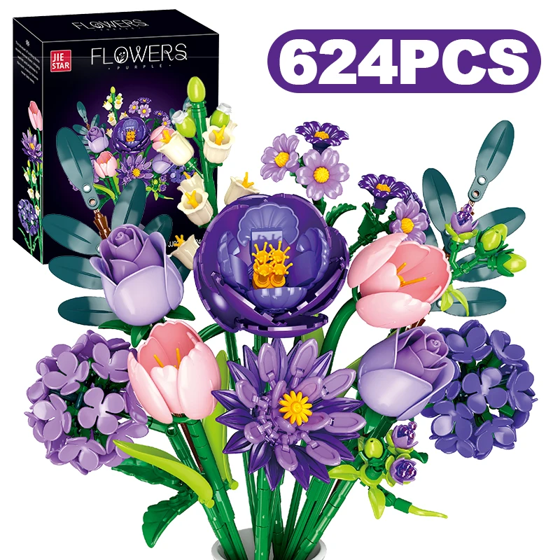 

Креативный букет фиолетовых роз в горшке, строительные блоки, цветок тюльпана, растение георгина, украшение для дома, сборные кирпичи, игрушки, подарок для девочки