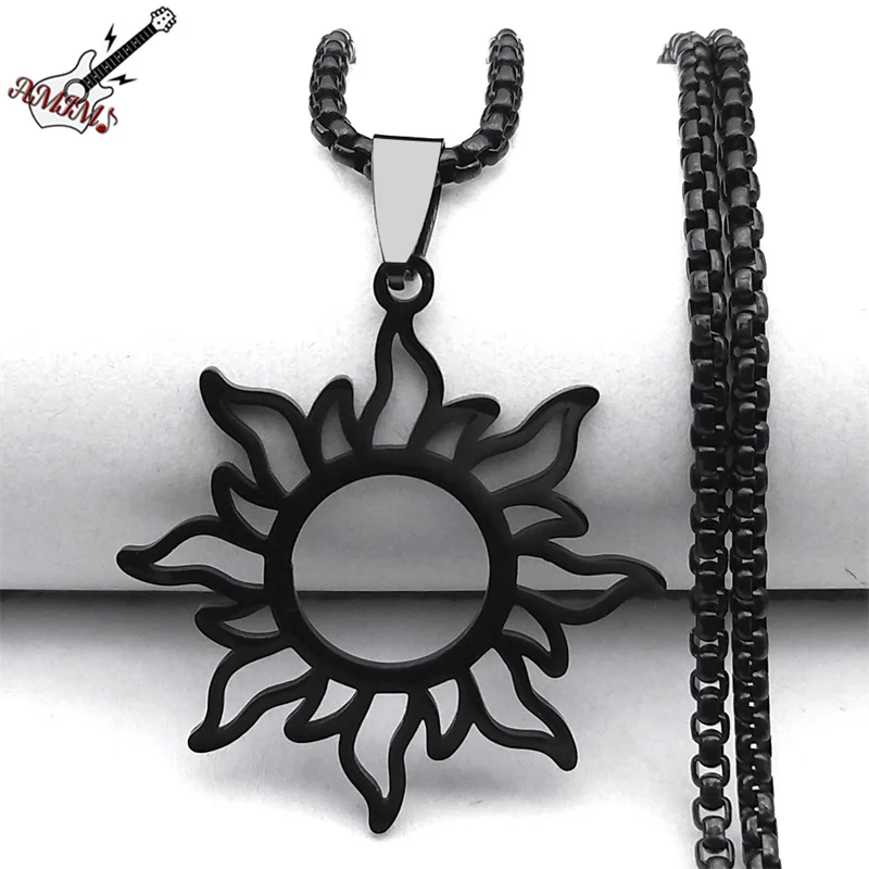 Gothic Vintage Sun Flower Pendant Necklace for Women Men Stainless Steel Black Color Witch Sunshine Chain Jewelry Colar