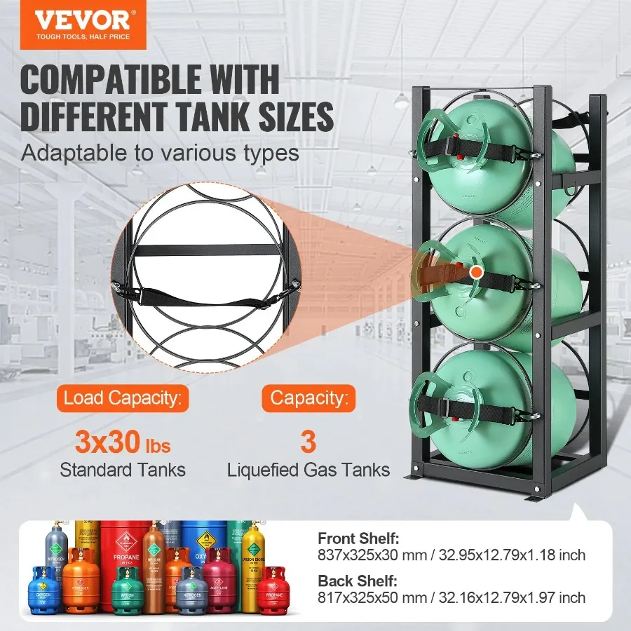 Refrigerant Tank Rack with 3 x 30lbs Bottle Tanks Cylinder Tank Rack 12.79x12.99x33.07 in Refrigerant Cylinder Rack Gas Cylind