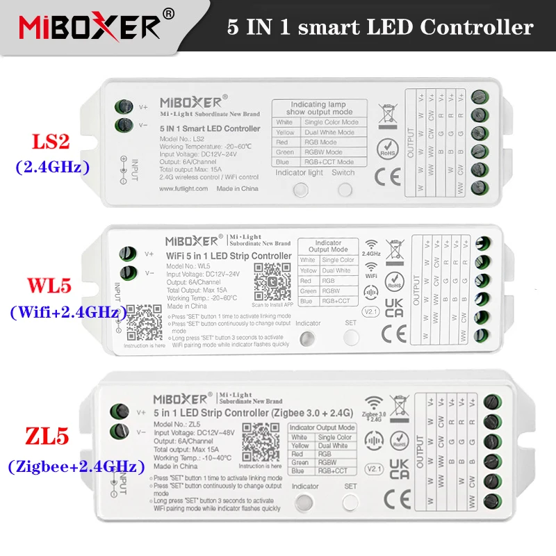 Miboxer 5 em 1 controlador led ls2 2.4g/ zl5 zigbee + 2.4g/wl5 wifi + 2.4g 12-24v alexa/google assistente/controle de voz 15a