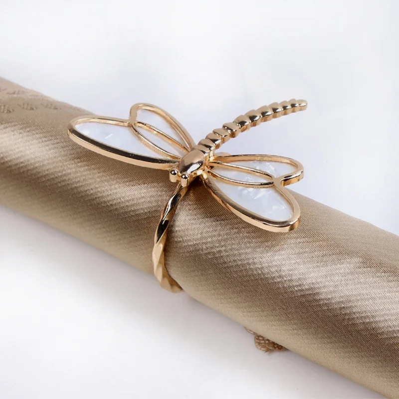 Shiny Gold Plated Seashell with Clear Crystal Stones Jeweled Dragonfly Design Metal Alloy Napkin Rings Set of 6 Pieces