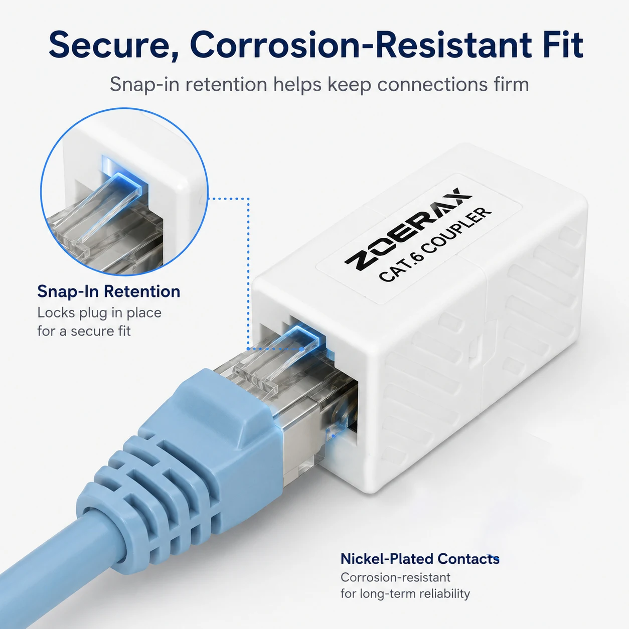 ZoeRax CAT6 RJ45-Koppler, 10 Gbit/s Ethernet-Extender, Plug-and-Play-Buchse-zu-Buchse-Verbinder für Cat6 Cat5e Home Office LAN – Detail 2