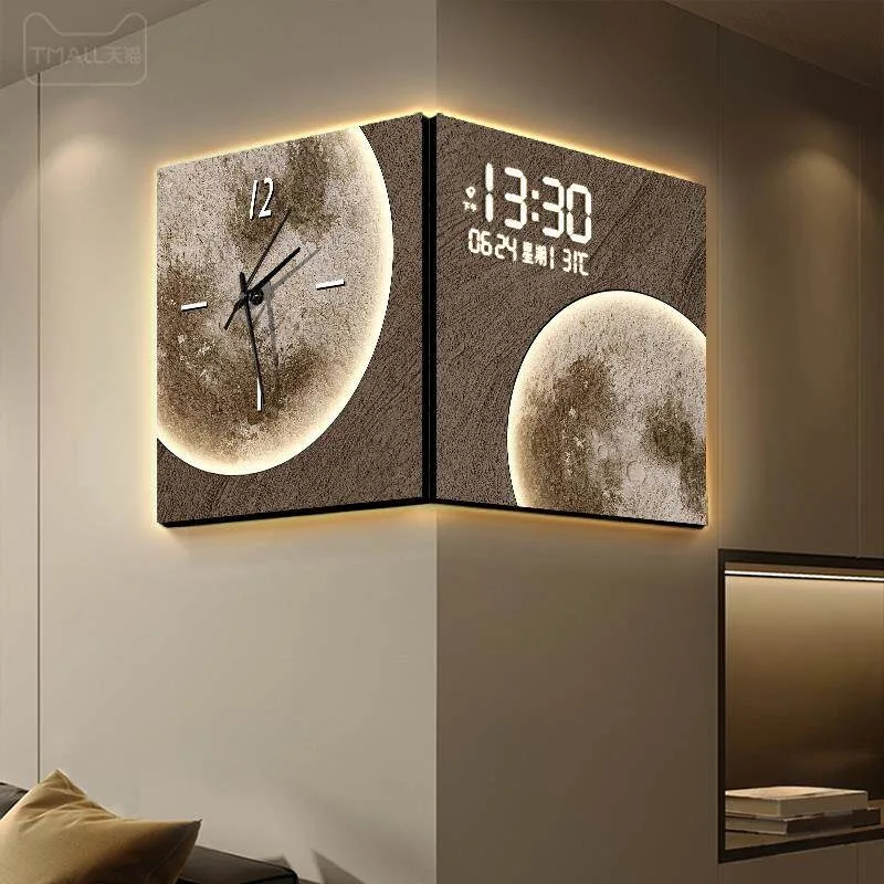 Double-sided corner clock creative wall lamp living room perpetual calendar advanced digital display corner wall