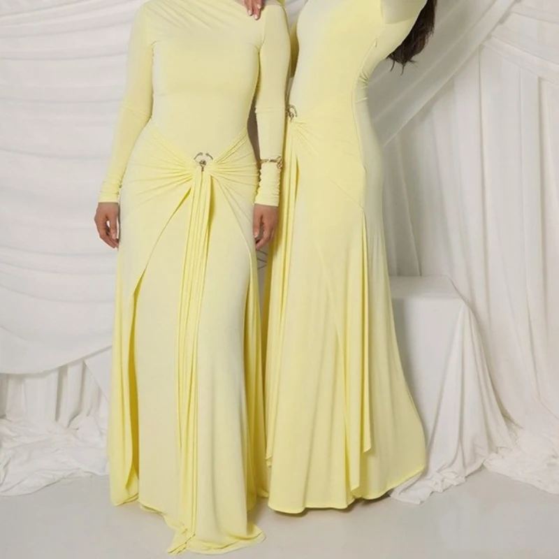 

Autumn 2025 Women's Solid Color Elegant Long-Sleeved Decorative Ring Strap Long Dress