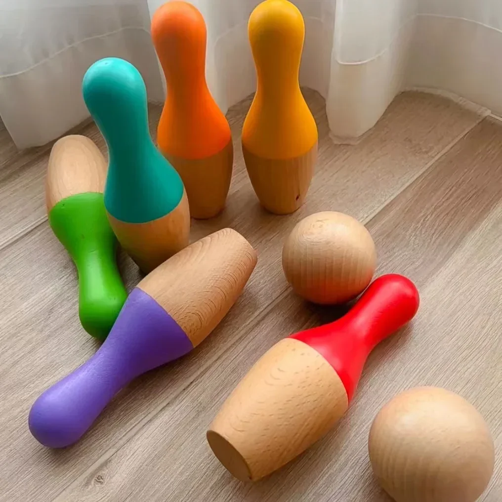 Wooden Toy Rainbow Solid Color Toy Kit Bowling Ball Set Kids Sport Toy for Parent-child Interactive Game for Boys Girls Gift