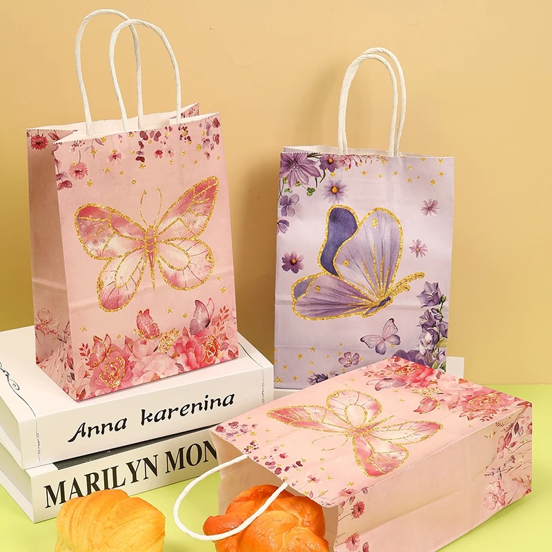 6 Pcs Butterfly Themed Paper Gift Bags, Pink And Purple Butterfly Pattern Tote Bags for Weddings Decor, Birthday and Party Decor