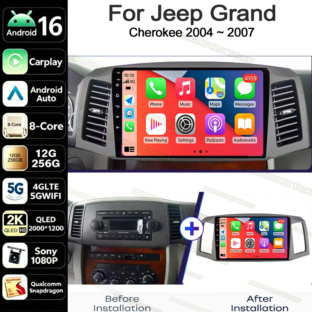 Carplay + Auto 8 Core Android Stereo Android 16 For Jeep Grand Cherokee 2004 2005 2006 2007 Car Radio GPS Multimedia Player DSP