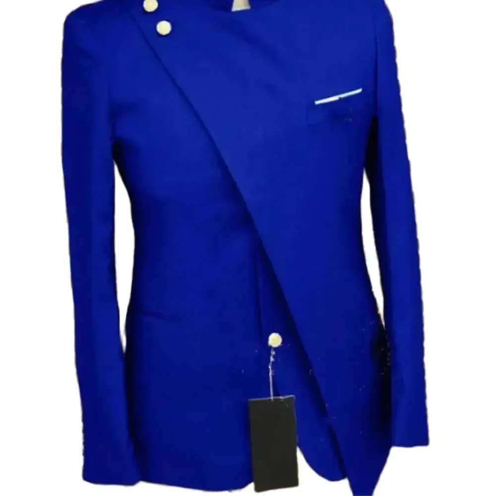 Elegant Men\'s Suits Royal Blue Single Breasted Stand Lapel Regular Length African New Design Formal 2 Piece Jacket Pants Set