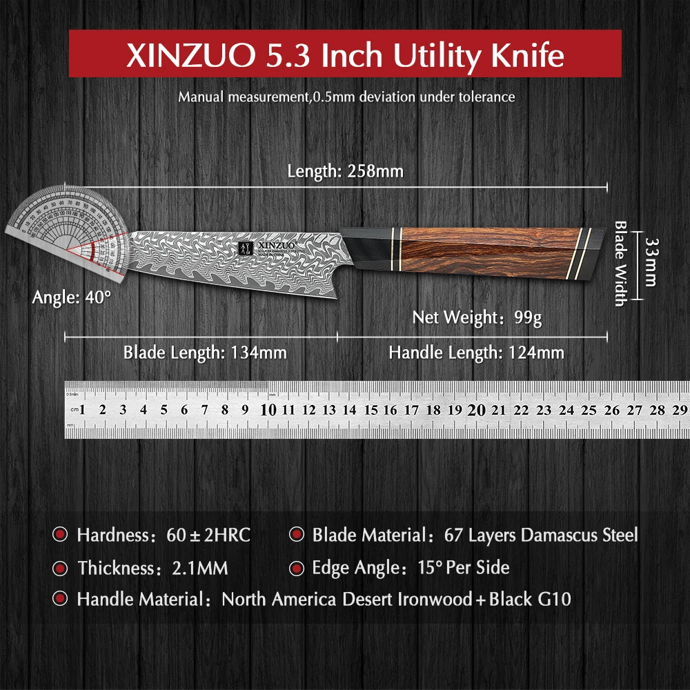 XINZUO 5.3 Inches Japanese Style Damascus Steel Utility Knife Peeling Paring Knife Ironwood Handle Wood Box Kitchen Accessories