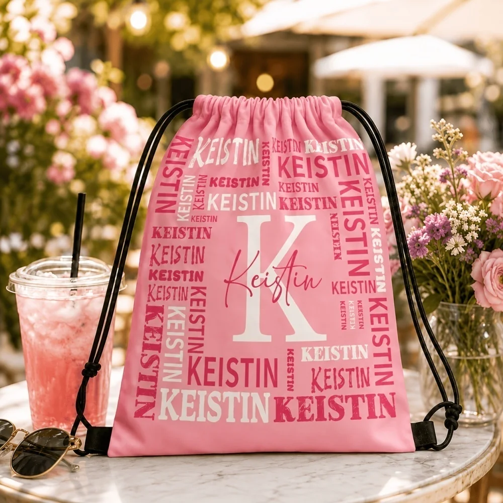 Personalized Custom Name Initial Drawstring Bag,Repeated Name Text Print Lightweight Backpack for Gym Travel Party Daily Storage