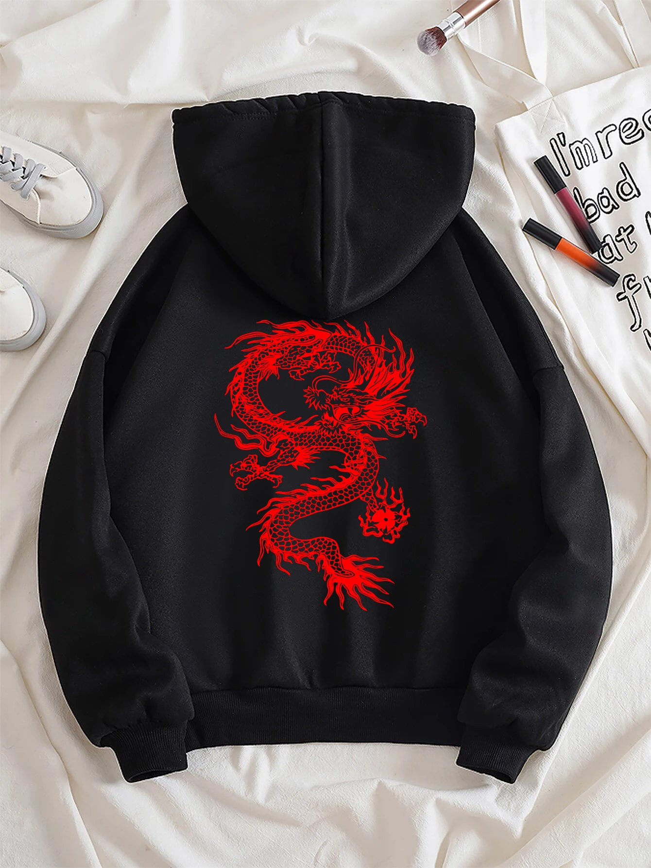 Red Dragon Pattern Printed Hoody Women's Harajuku Soft Sweatshirts Fashion Warm Hooded Autumn Fleece Casual Woman Sportswear