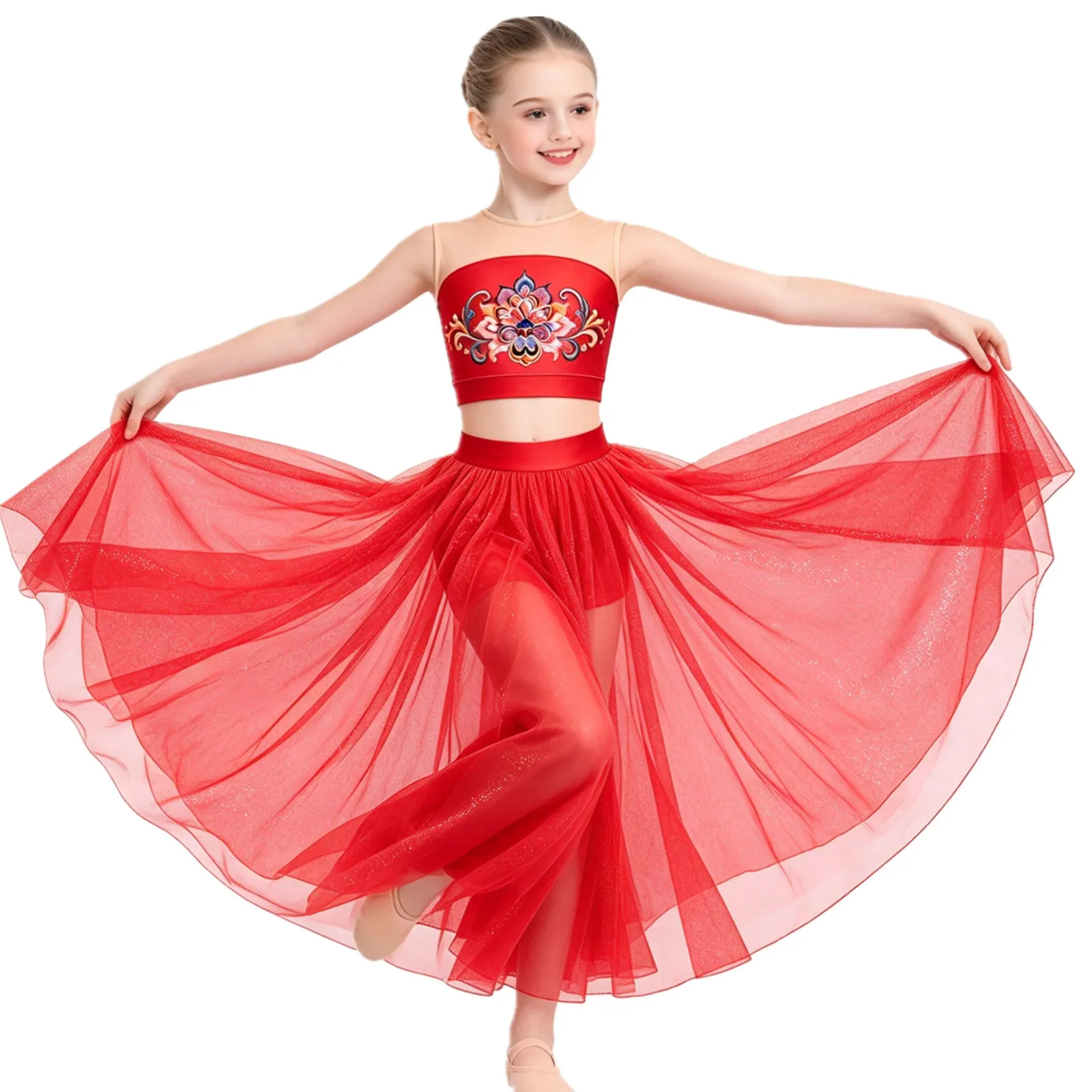 Kids Girls Modern Lyrical Dance Skating Gymnastics Acrobatics Outfit Crop Top with Shimmery Mesh Skirt Built-in Shorts Dancewear