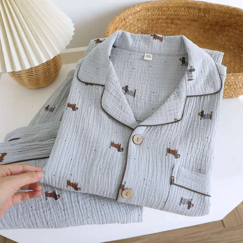 2 Piece Men's Pajama Set for Men |   Cute Cartoon Dog Print Casual Style |   Double-Layer Cotton Gauze Short Sleeve & Shorts Lig