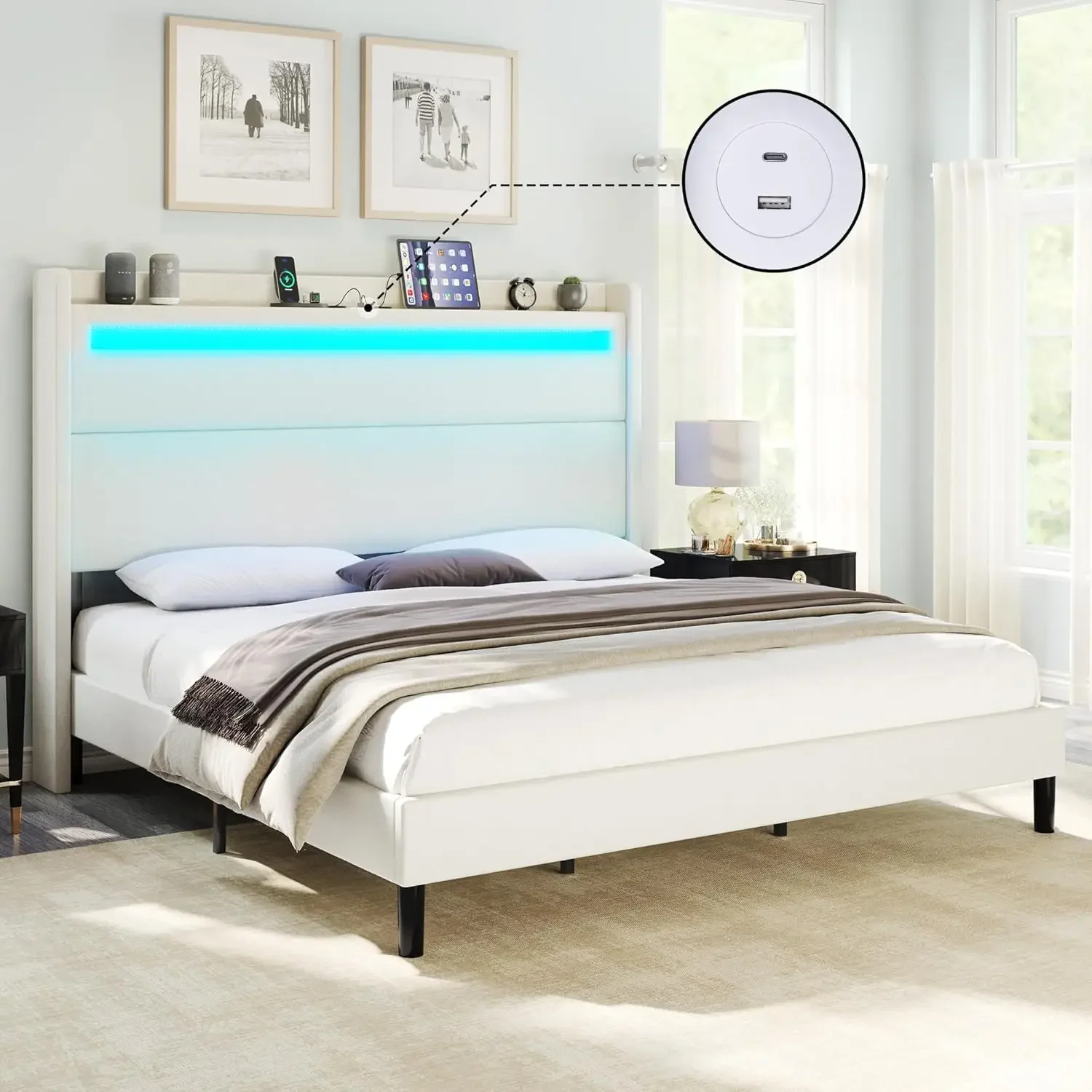 Marco de cama tamaño queen con luces LED y cabecera trasera, cama con plataforma tapizada con puertos USB y USB-C, no necesita somier