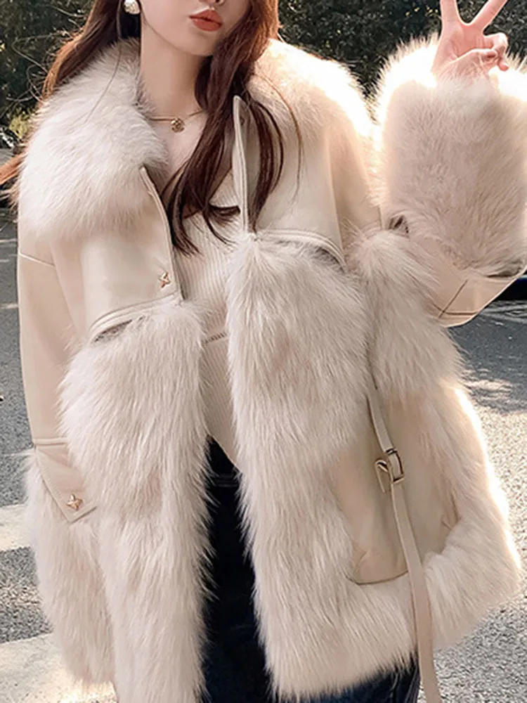 LANMREM Elegant Fur One-piece Coat Women's Lapel Zipper Design Faux Fur Coats Fashion 2024 Female Winter New Clothing 2Z2301