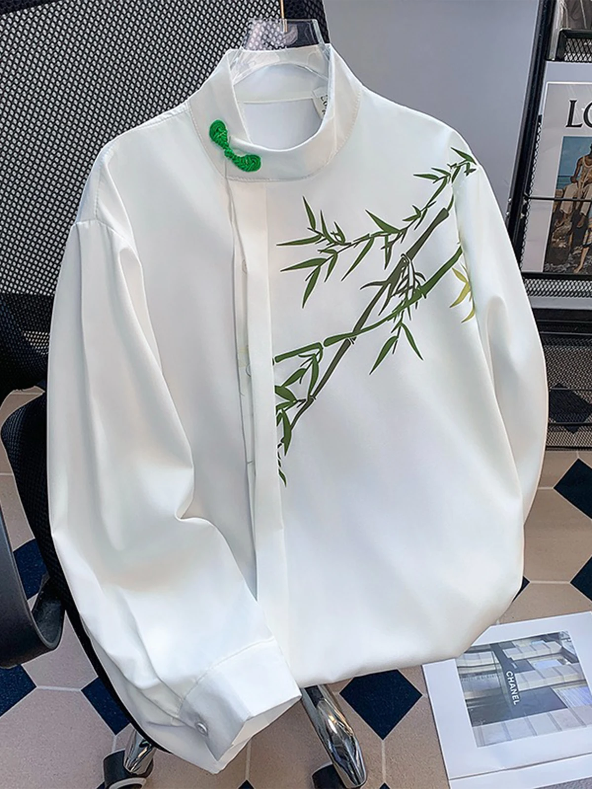 New Chinese Style Bamboo Print Men's Shirt No Ironing Long Sleeve Gauzy Feel Button up Casual Fashion Autumn Wear